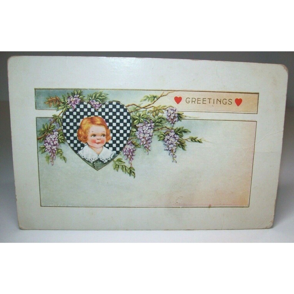 Valentine Postcard Greetings Vintage Whitney Girl Inside b/w Checkered Heart